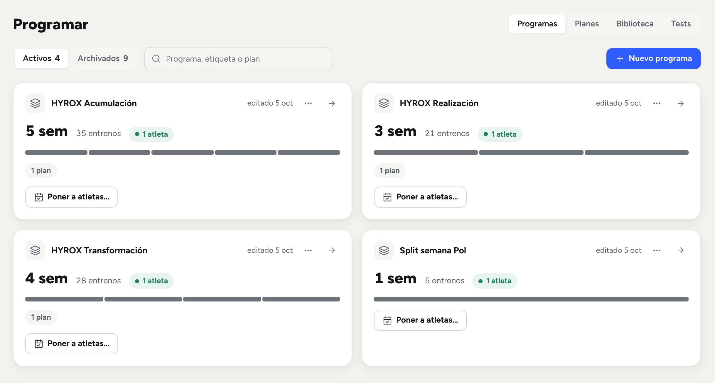 Programar, programas: semanas, entrenos y atletas de cada programa