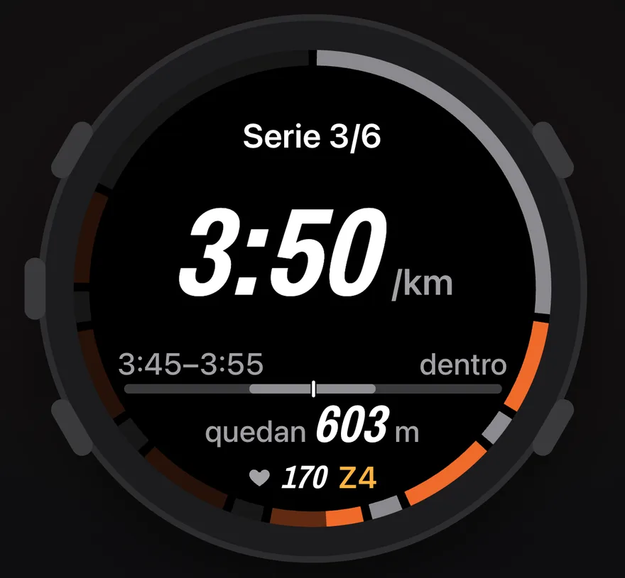 Serie 3 de 6 a 3:50 por kilómetro, dentro del rango, quedan 603 metros