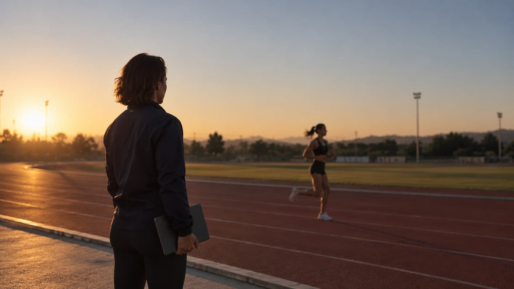 Una coach mira a su atleta pasar por la pista al atardecer
