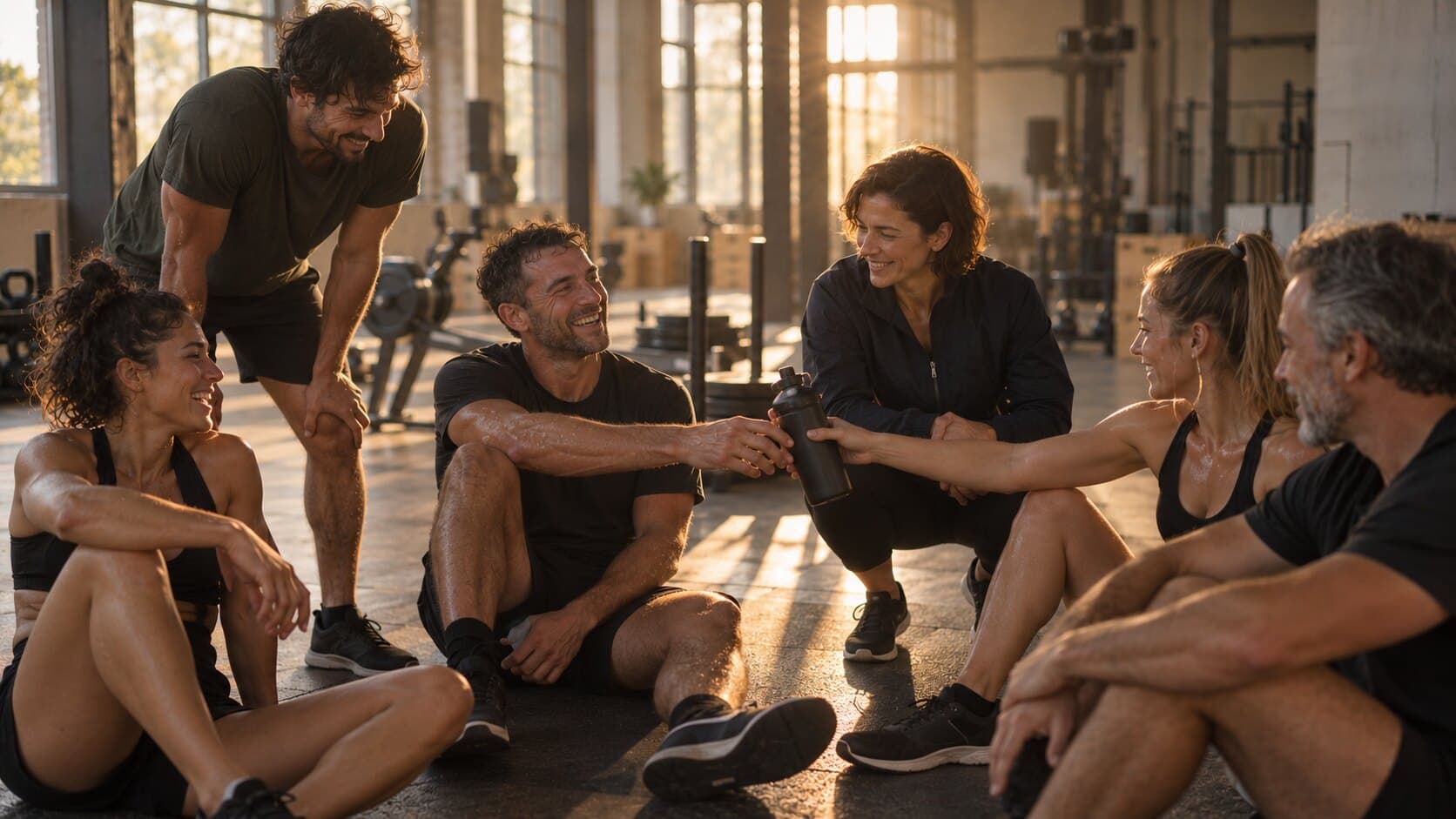 Un grupo de atletas y su coach se ríen en el suelo de la sala después de entrenar